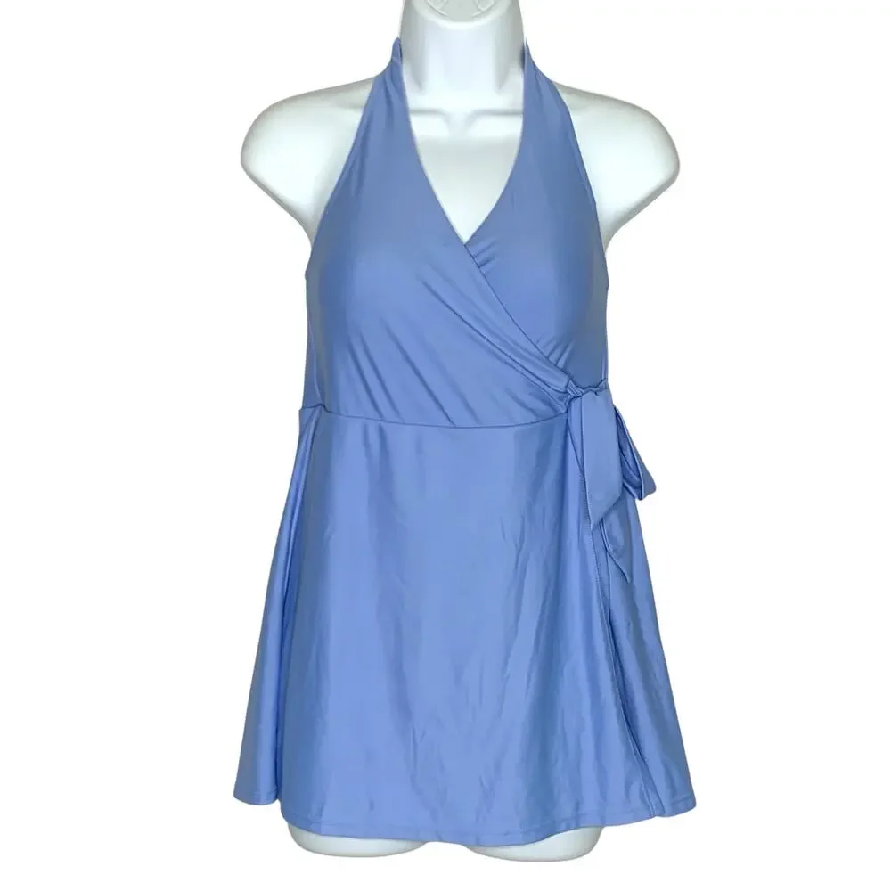 J Crew 6 Womens Halter Wrap Swim Dress Sail Blue Lined Padded Resort Pool